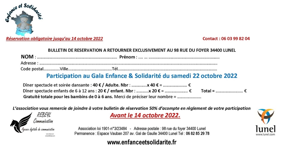 bon réservation Gala 2022